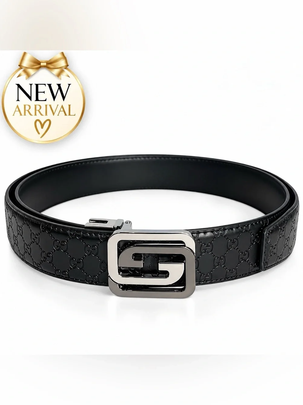 🖤 Men’s Black Monogram Belt — Silver-Tone Buckle 🖤